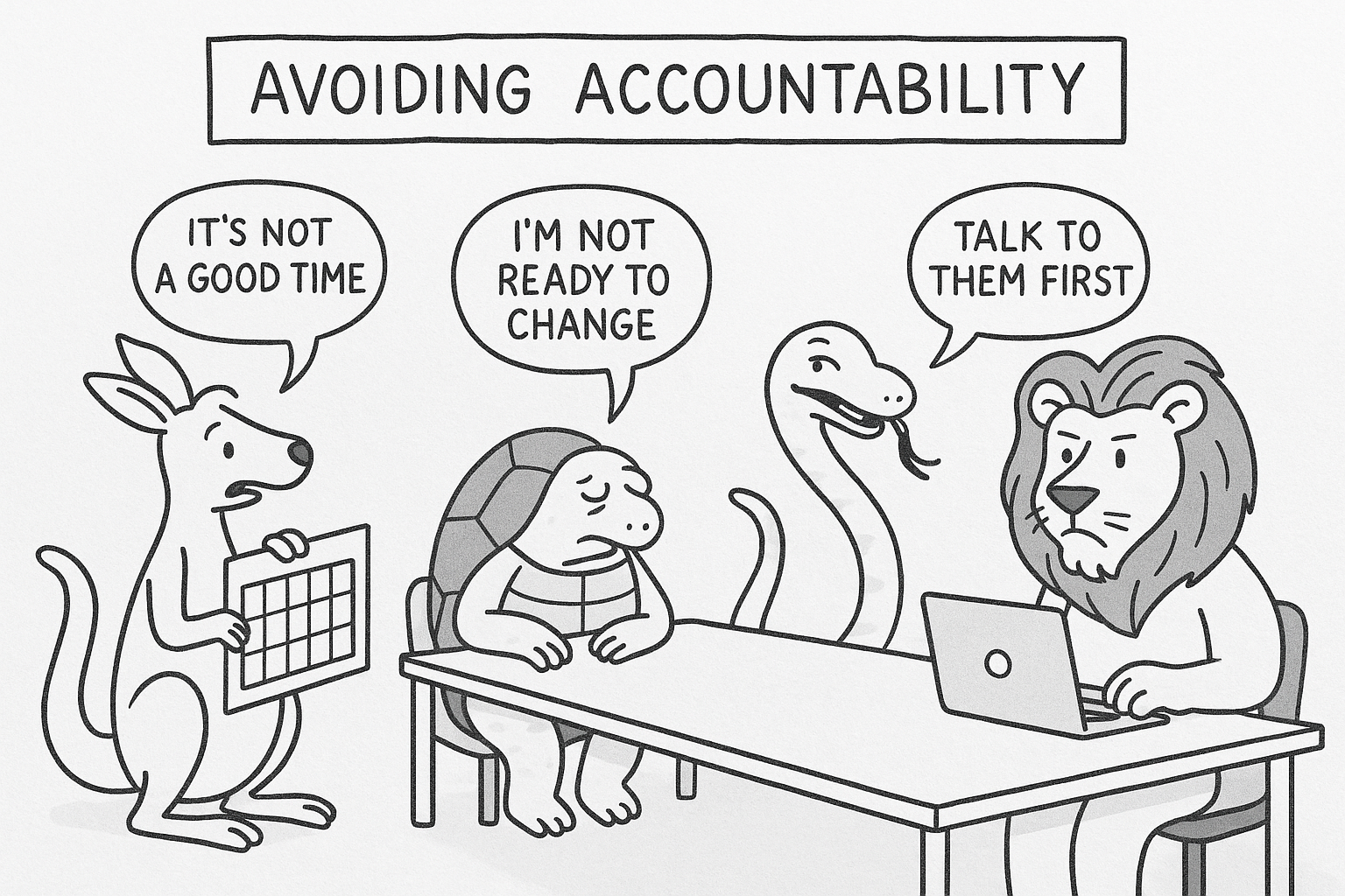 A black and white sketch titled “Avoiding Accountability.” Four anthropomorphic animals—a kangaroo holding  a calendar saying “It’s not a good time,” a turtle saying “I’m not ready to change,” a snake saying  “Talk to them first,” and a lion at a laptop—illustrate various tactics of deferring responsibility in a workplace. 