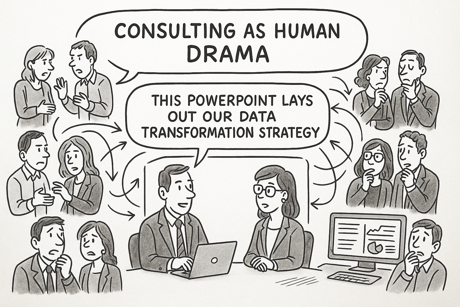A black and white sketch titled “Consulting as a Human Drama.” The top half shows stick figures  presenting on stage with charts. The bottom half reveals people in thought, emotion, and conversation, symbolizing the internal psychological realities behind the professional facade. 