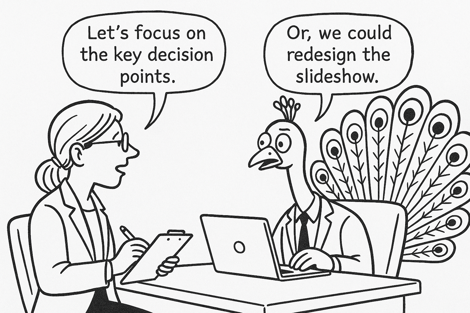 A black and white cartoon sketch showing a female consultant sitting across from a peacock in a suit.  The consultant says, “Let’s focus on the key decision points,” while the peacock replies,  “Or, we could redesign the slideshow.” Both are seated at a table with a laptop. 