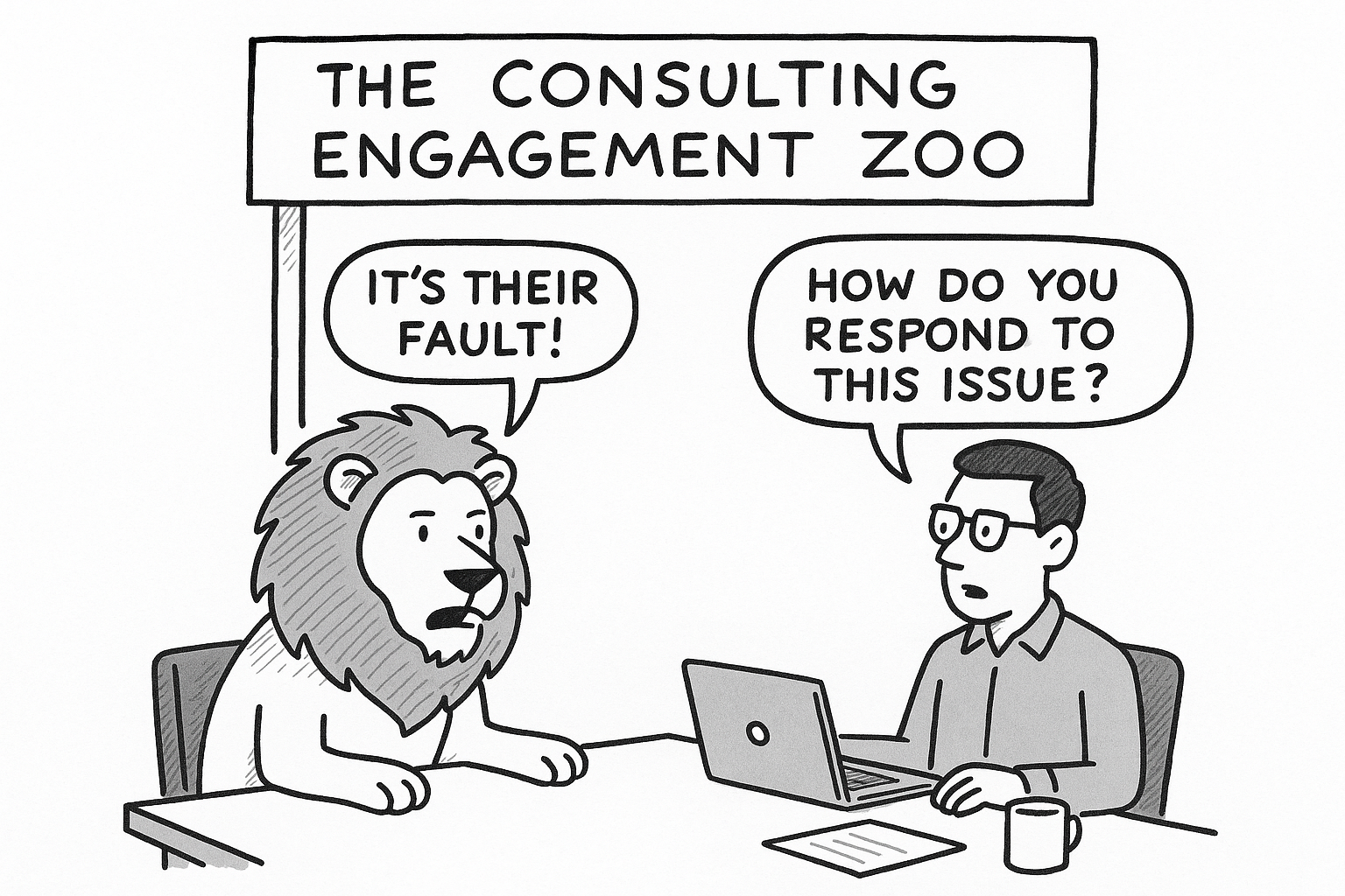 A black and white cartoon sketch showing a lion seated at a desk across from a consultant with glasses and a laptop.  The lion says, “It’s their fault!” while the consultant responds, “How do you respond to this issue?”  Above them hangs a sign that reads “The Consulting Engagement Zoo.” 
