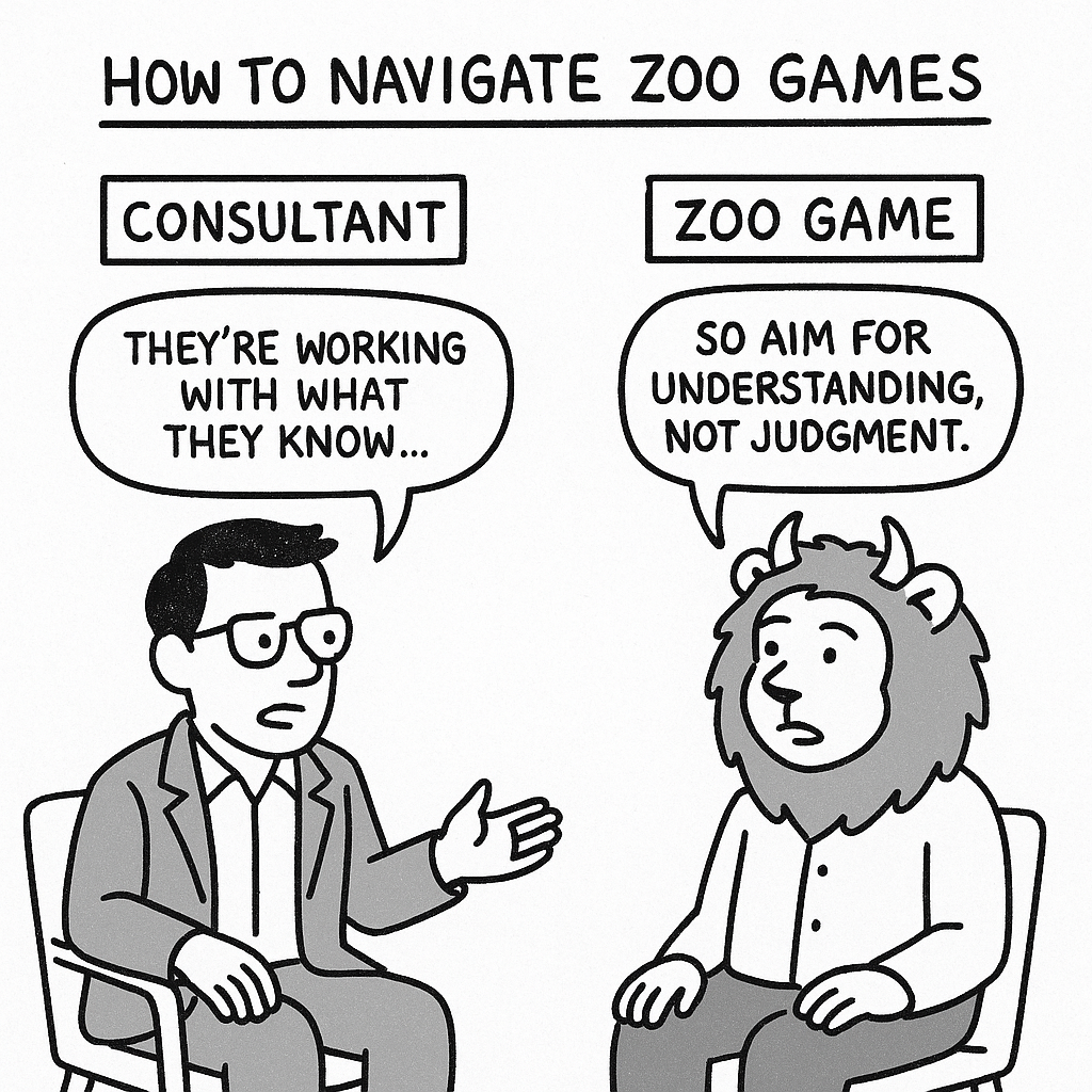 A black and white cartoon titled “How to Navigate Zoo Games.” A consultant in a blazer says, “They’re working with what they know…” while a client wearing a lion costume replies, “So aim for understanding, not judgment.” The sketch shows both seated, engaged in dialogue. 