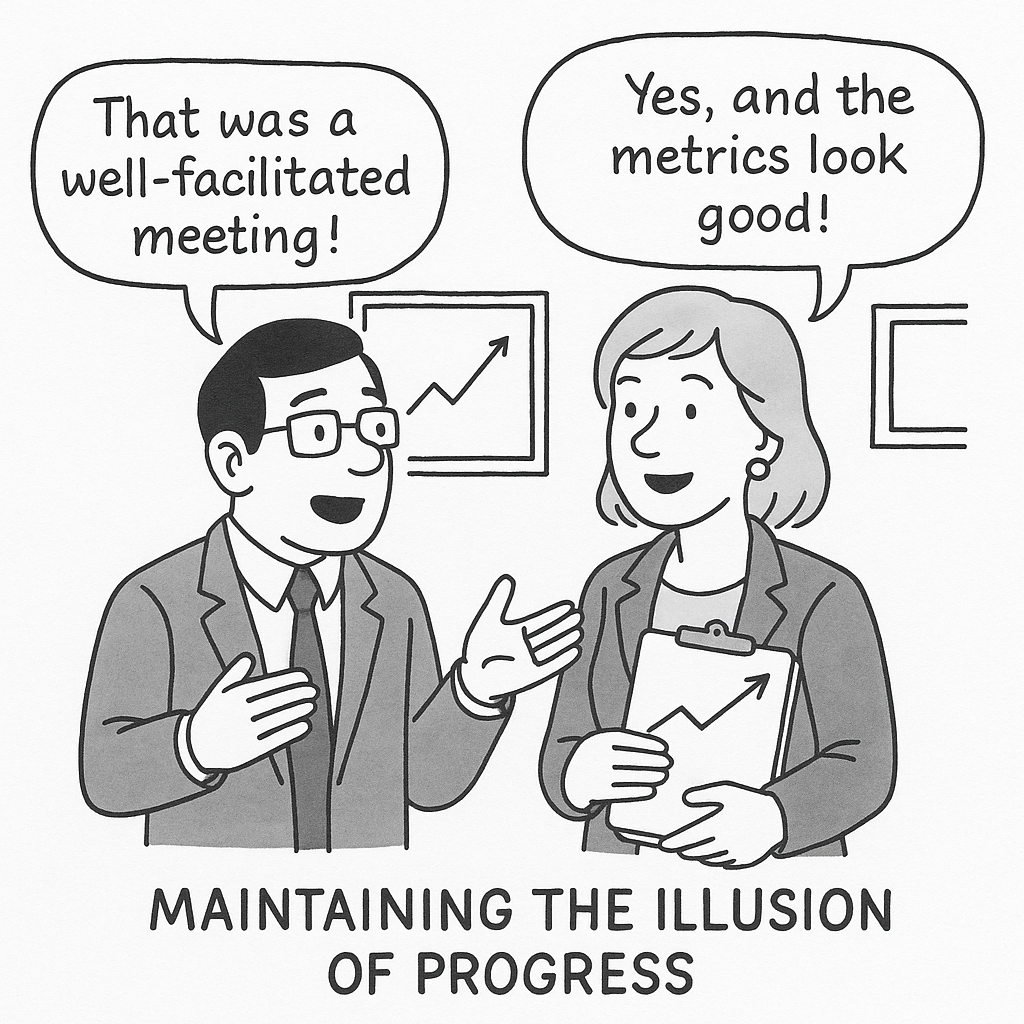 A black and white cartoon sketch showing a business consultant and a client in suits.  The client says, “That was a well-facilitated meeting!” while the consultant replies, “Yes, and the metrics look good!”  Behind them hang upward-trending charts. Caption below: “Maintaining the Illusion of Progress.” 