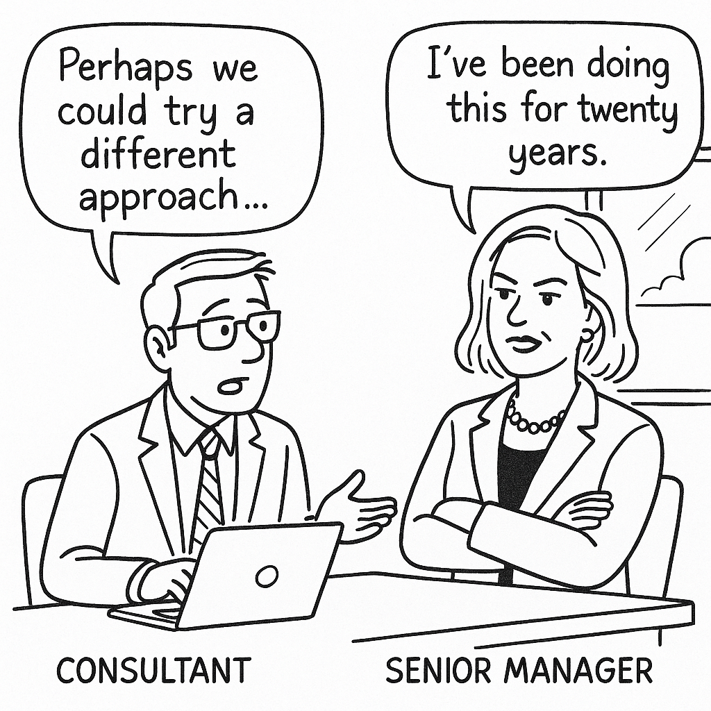 A black and white cartoon sketch showing a business consultant and a senior manager in conversation.  The consultant says, “Perhaps we could try a different approach…” while the manager, arms crossed, responds, “I’ve been doing this for twenty years.”  Caption below: “Protecting Identity and Status.” 