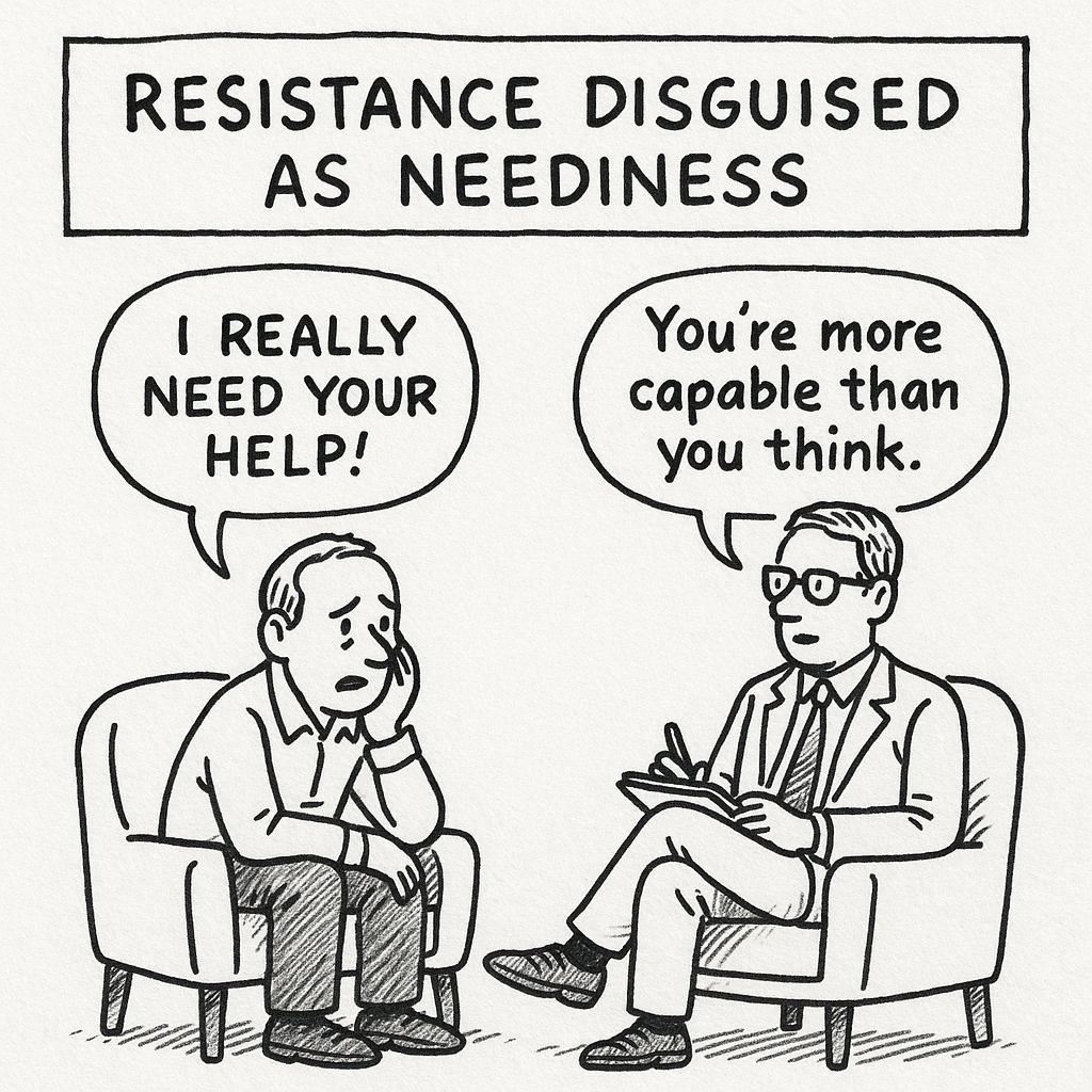 A black and white cartoon sketch showing a worried client saying “I really need your help!” while a calm consultant replies, “You’re more capable than you think.” The caption above them reads: “Resistance Disguised as Neediness.” 